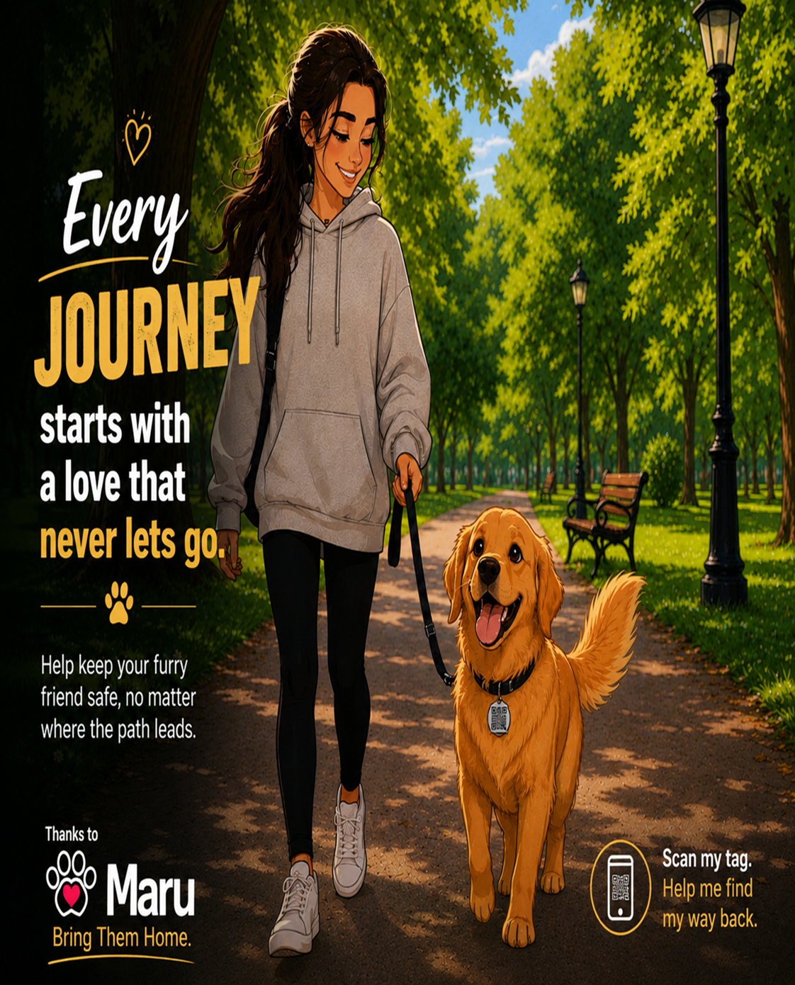 A woman walking her dog Max in the park