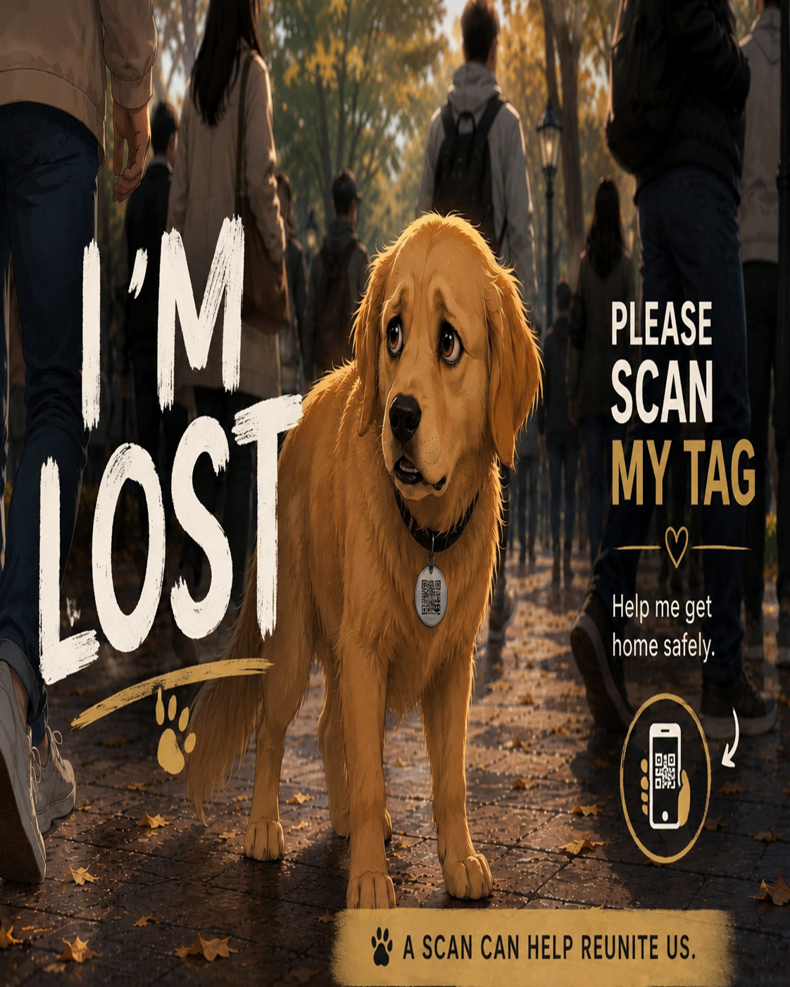 Lost golden retriever waiting in a busy park